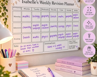 May include: A rectangular acrylic weekly revision planner wall board with black text reading Isabelle's Weekly Revision Planner, featuring a grid for morning, afternoon, and evening study sessions, notes, and upcoming exams, measuring 42 x 29.7 cm.