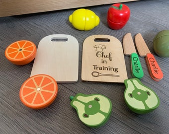 Personalised wooden children play food set, cooking set, birthday, Christmas, christening gift. 2 sets available