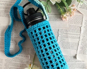 Crochet Water Bottle Holder, Handmade Travel Drink Tote Bag, Crossbody Pouch for Hiking, Carrier Sling Accessory for Drinking, Gift for Her