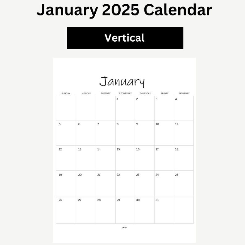 Editable January 2025 Calendar Printable Digital Download PDF Vertical Simple Minimalist Monthly