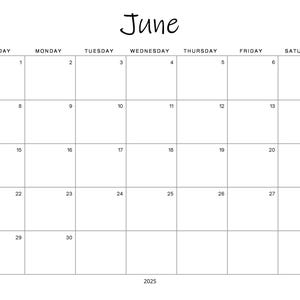 June 2025 Calendar Printable Digital Download PDF Horizontal