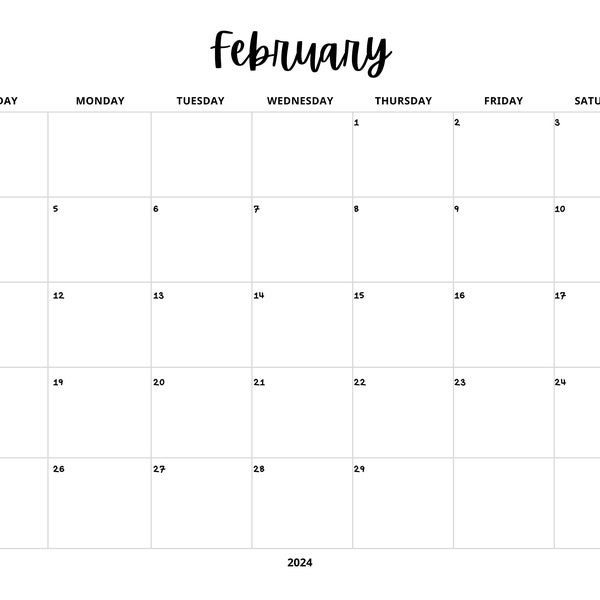 Februar 2024 Kalender zum Ausdrucken, Digitaler Download PDF