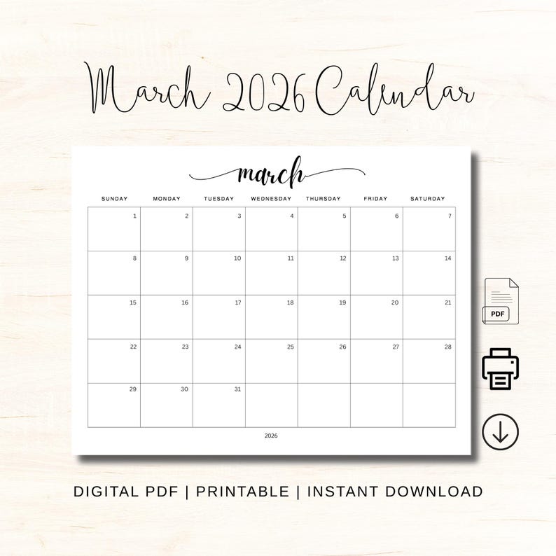 March 2026 Calendar Printable Digital Download Pdf - Etsy