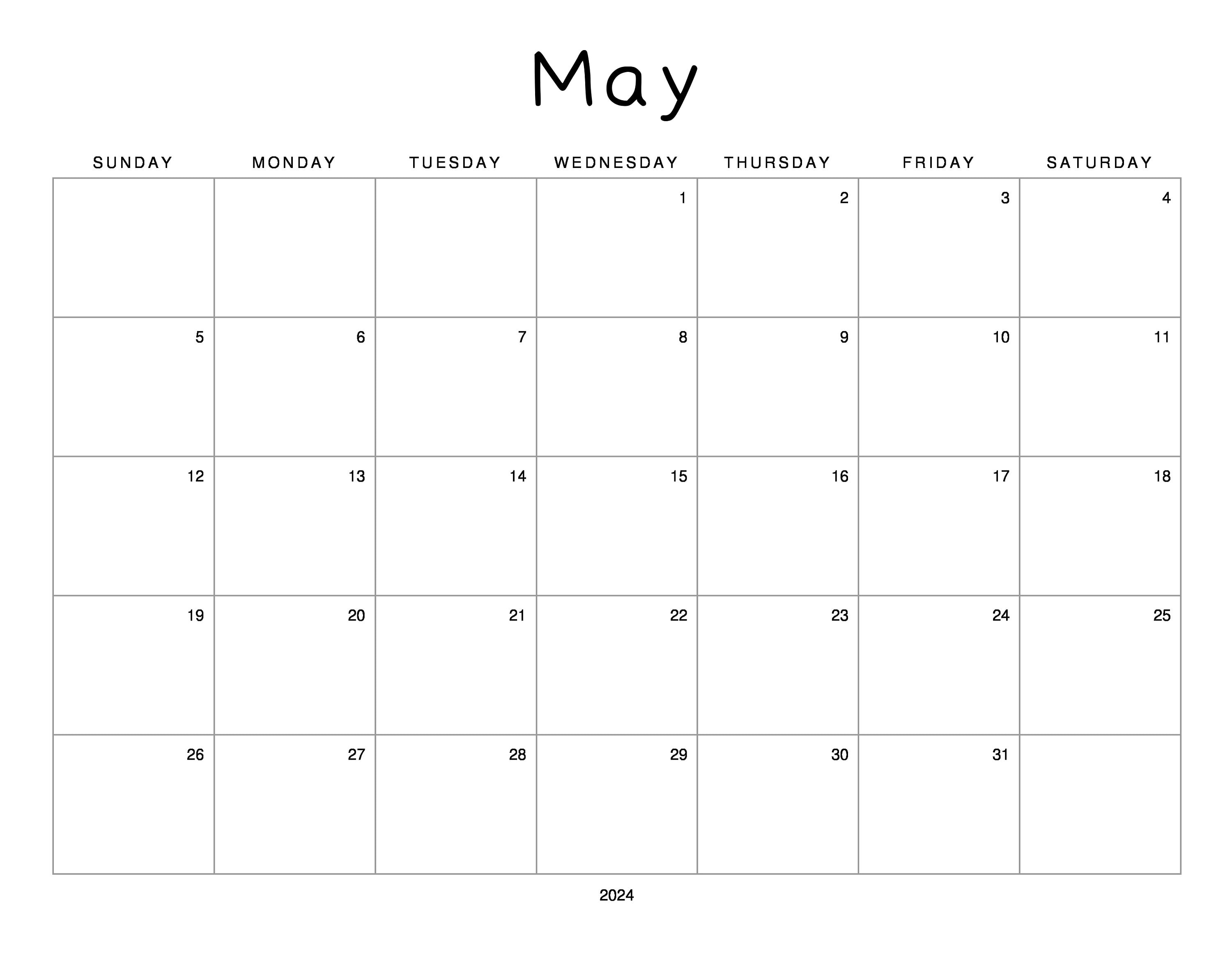 May 2024 Calendar Printable Digital Download PDF Blank Monthly
