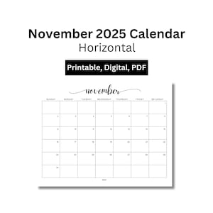 November 2025 Calendar Printable Digital Download PDF Horizontal