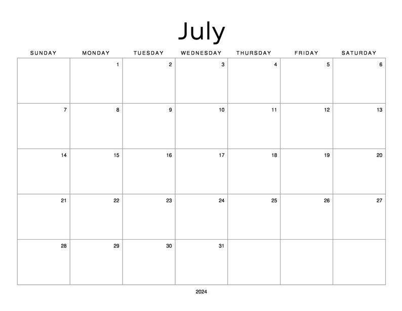 July Calander Rows July 2024 Calendar Printable Digital Download PDF - Etsy