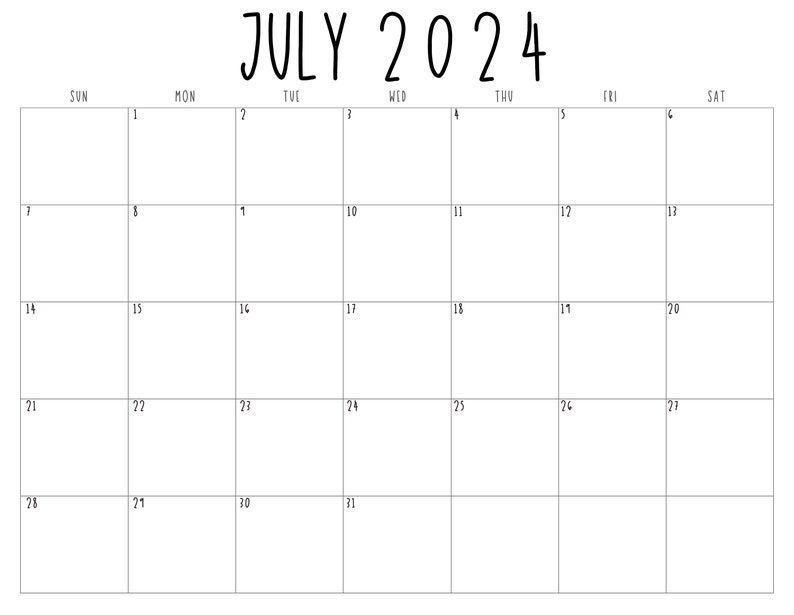 July 2024 Calendar Printable Digital Download PDF, Self-care Planner ...