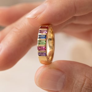14k Gold Baguette Birthstone Mother Ring Gifts, 925k Silver Ring, Personalized Gift, Christmas Gift Her, Family Ring