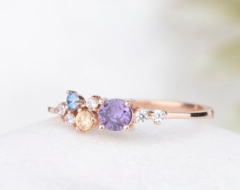 Unique Handcrafted Multi-Gemstone Ring, 3 Birthstones Ring, Dainty Family Ring, Round Fashion Jewel, Personalized Gift, Mother's Day Gift