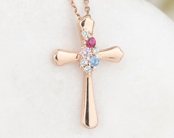 Custom Birthstone Cross Pendant, Dainty Cross Necklace, Sterling Silver Family Jewelry, Religious Necklace, Mother&#39;s Day Gift, Baptism Gift