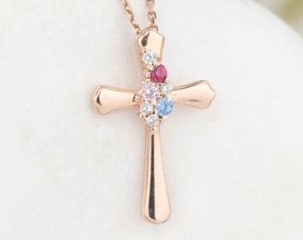 Custom Birthstone Cross Pendant, Dainty Cross Necklace, Sterling Silver Family Jewelry, Religious Necklace, Mother's Day Gift, Baptism Gift