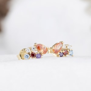 May include: A pair of gold earrings with a cluster of colorful gemstones, including orange, red, purple, and blue.