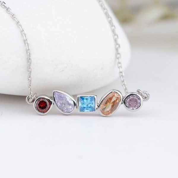 Birthstone Bar Pendant, Square Birthstone, MultiGemstone Silver Necklace, Christmas Gift For Family, Personalized Gift for Her, Mother's Day