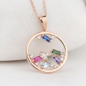 6 Baguette Birthstone Necklace, Mother&#39;s days gift, Mother Grandma Family Gift, Silver Custom Necklace, Personalized Gift, Gemstone Jewelry