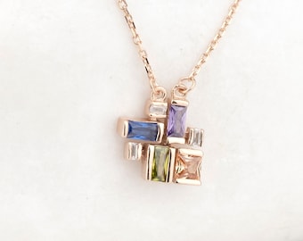 Baguette & Square Birthstone Design Necklace, Handmade Jewelry, Unique Design, Family birthstone necklace, Birthday Gift, Mother&#39;s Days gift