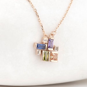 Baguette & Square Birthstone Design Necklace, Handmade Jewelry, Unique Design, Family birthstone necklace, Birthday Gift, Mother's Days gift