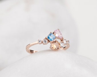 Sterling Silver Birthstone Ring, Square Drop Gemstones, Personalized Family Jewelry