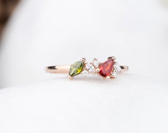 Anillo familiar de plata de ley, anillo con piedra de nacimiento de talla marquesa, piedra de nacimiento de pera, diamante baguette minimalista, regalo de Navidad para ella, regalo para el Día de la Madre