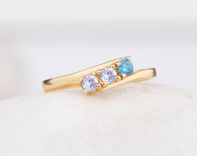 1-4 Birthstone Order Family Ring, Mother Ring Gift, 925K Silver Dainty Ring, Personalized Gift for Her, Christmas Gift, Curved Style Ring