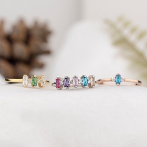 Baguette Birthstone Ring, Mother Grandma Family Ring Gifts, Gold Silver Dainty Rings, Personalized Gift, Mother&#39;s Day Gifts, Christmas Gift