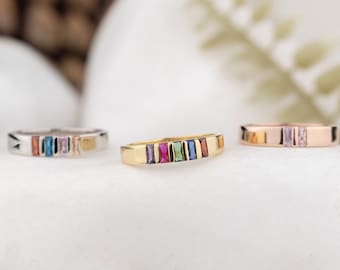 Baguette Birthstone Ring, Moeder Oma Familie Ring Geschenken, Goud Zilver Sierlijke Ring, Personaliseer Cadeau, Valentijnsdag Cadeau Haar, Handwerk Ring