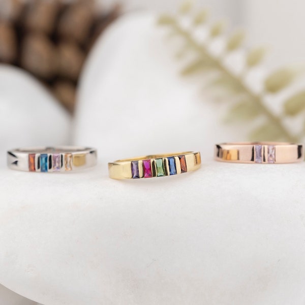 14k gouden baguette geboortesteenring, moederring cadeaus, 925 kt zilveren ring, gepersonaliseerd cadeau, kerstcadeau haar, familiering