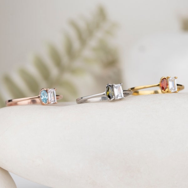 Baguette & Marquise Geburtsstein Ring, minimalistischer Ring, Mutter Familie Ring, handgemachter Silber Schmuck, personalisiertes Geschenk, Muttertagsgeschenk