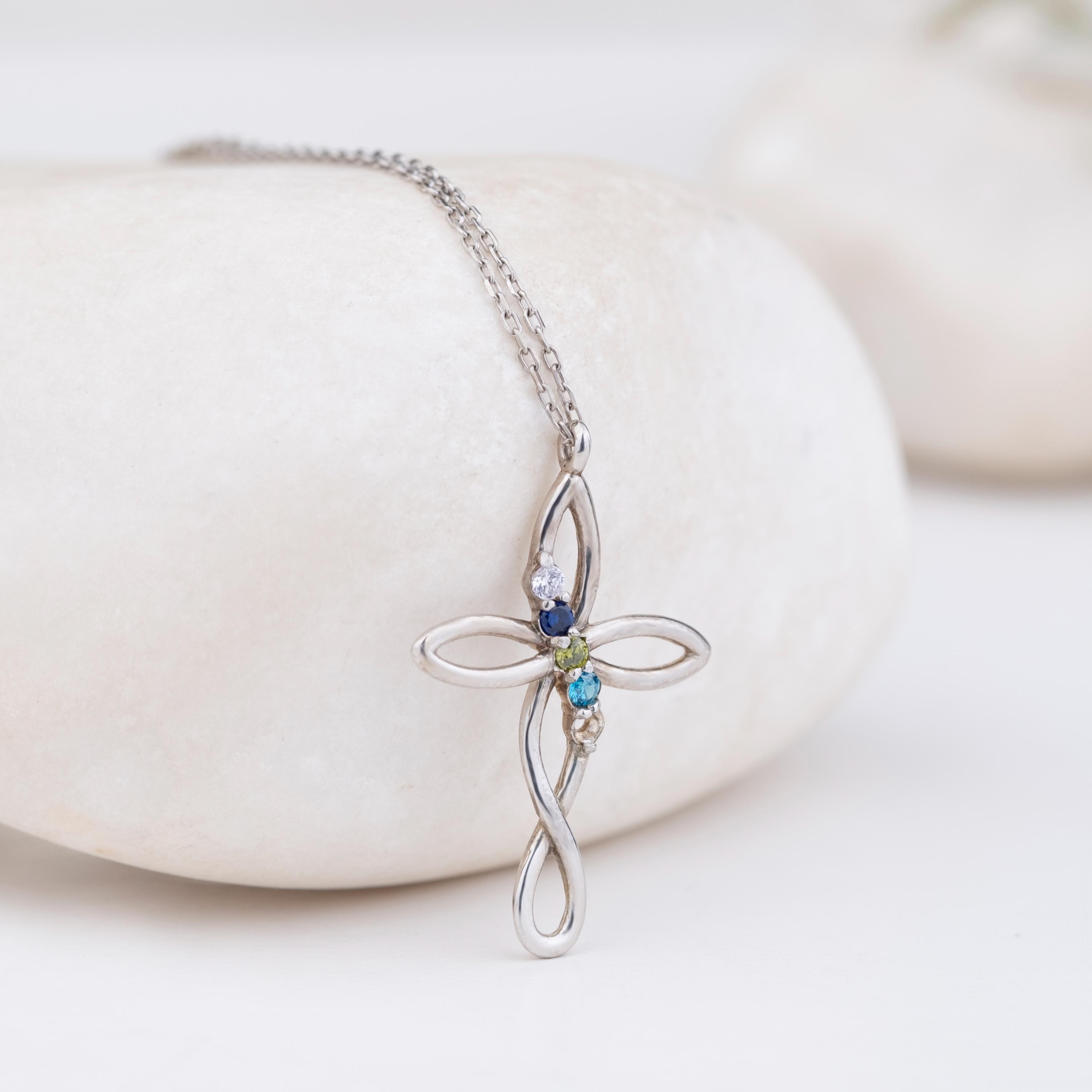 925K Silver Cross Birthstone Necklace, Dainty Necklace, Mother Family Pendant Gift, Christmas Gift, Personalized Gift, Mother's Day Gift