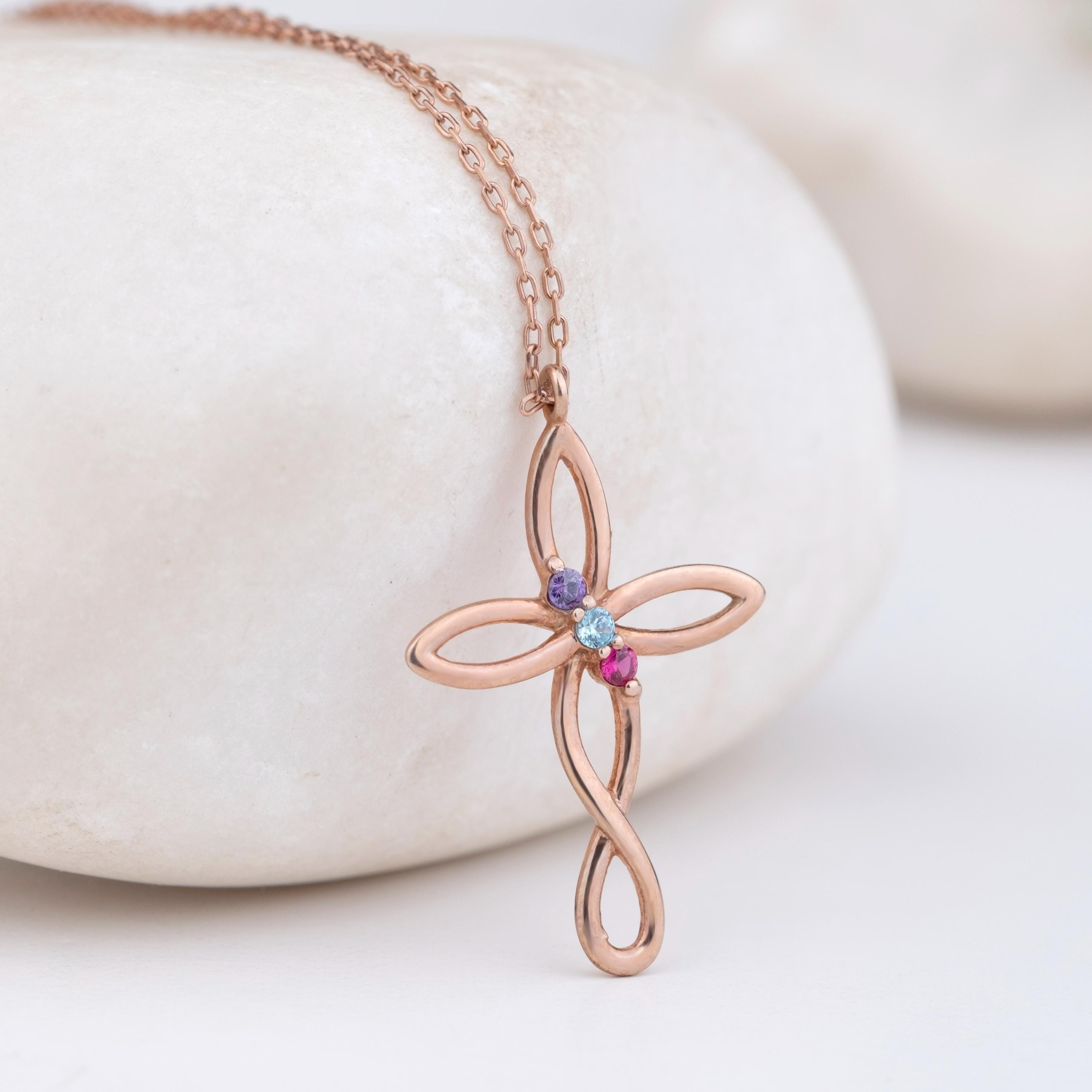 925K Silver Cross Birthstone Necklace, Dainty Necklace, Mother Family Pendant Gift, Christmas Gift, Personalized Gift, Mother's Day Gift