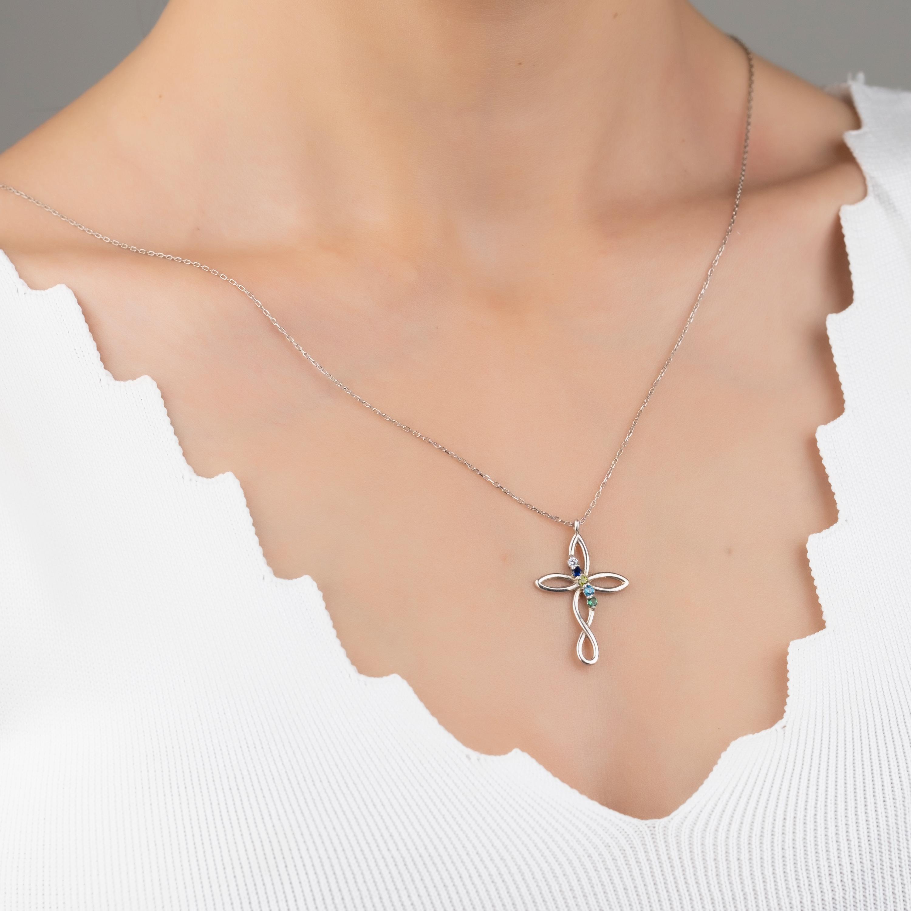 925K Silver Cross Birthstone Necklace, Dainty Necklace, Mother Family Pendant Gift, Christmas Gift, Personalized Gift, Mother's Day Gift