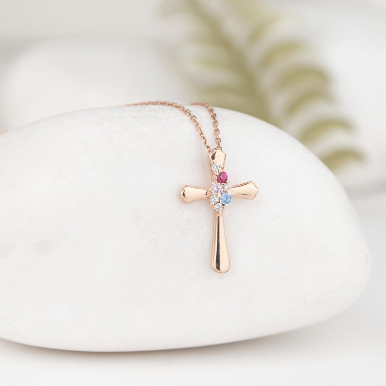 Custom Birthstone Cross Pendant, Dainty Cross Necklace, Sterling Silver Family Jewelry, Religious Necklace, Mother's Day Gift, Baptism Gift image 1