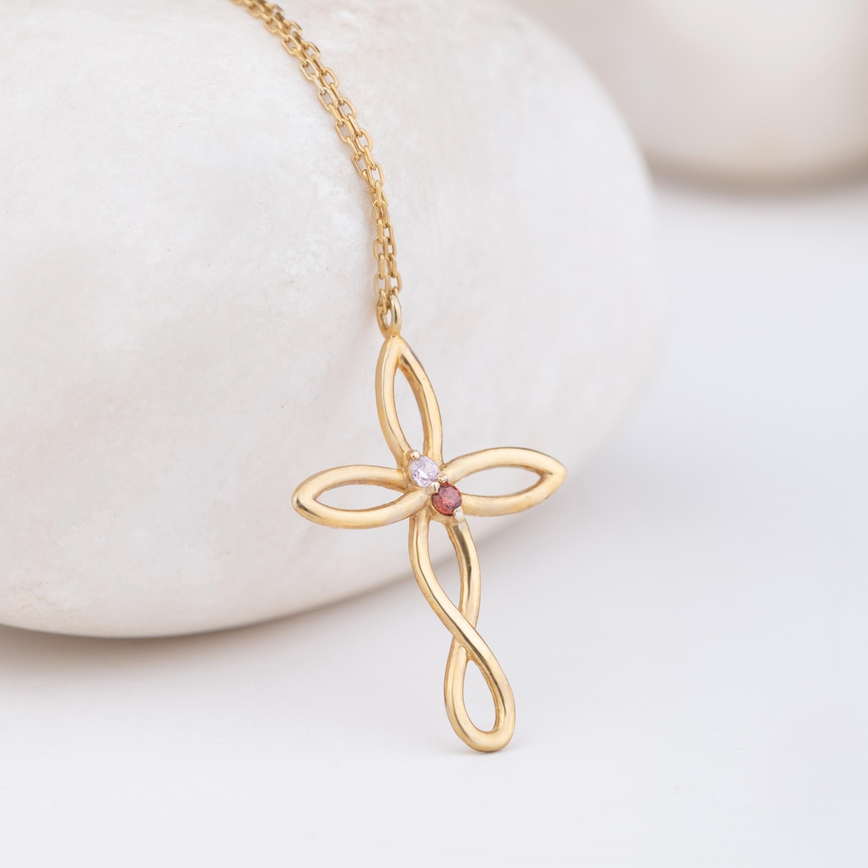 925K Silver Cross Birthstone Necklace, Dainty Necklace, Mother Family Pendant Gift, Christmas Gift, Personalized Gift, Mother's Day Gift