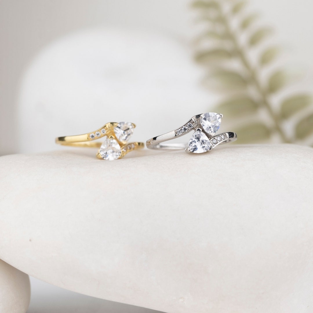 Double Trillion Cut Ring, Sterling Silver Ring, Engagement