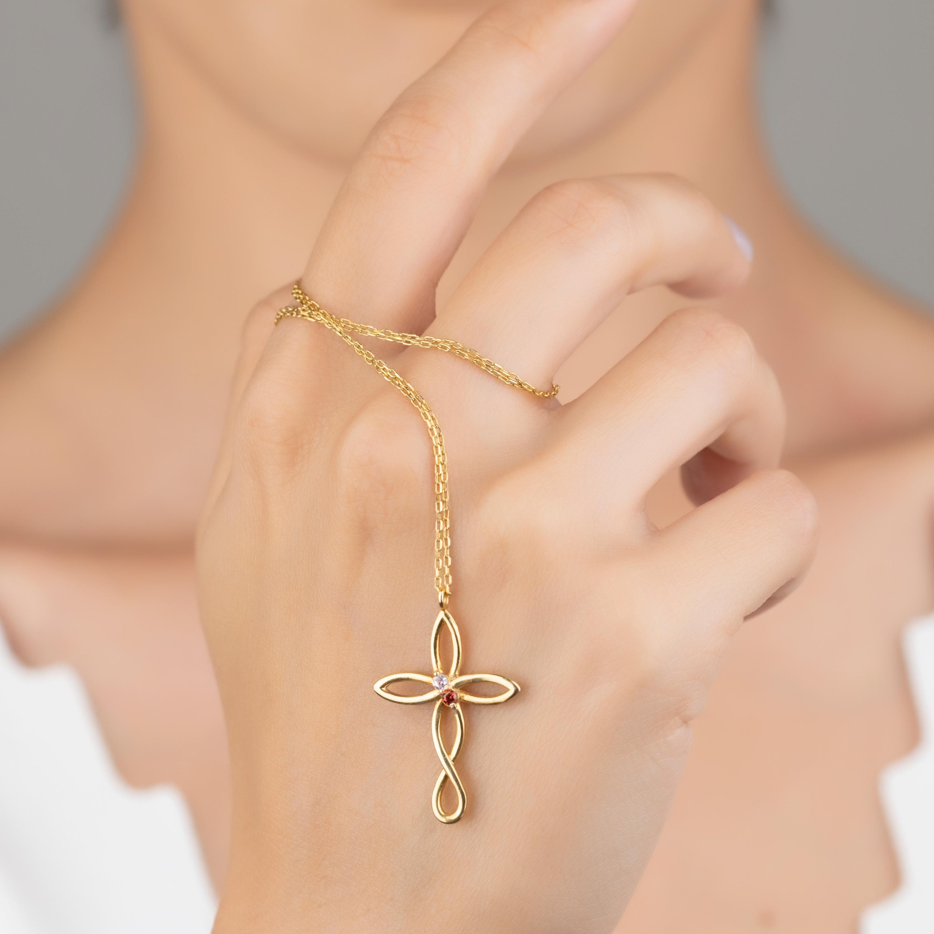 925K Silver Cross Birthstone Necklace, Dainty Necklace, Mother Family Pendant Gift, Christmas Gift, Personalized Gift, Mother's Day Gift