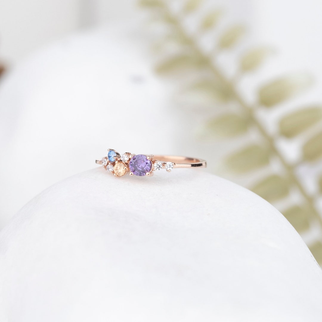 3 Selectable Birthstones Ring, Unique Handcrafted Gemstone Ring, Dainty ...