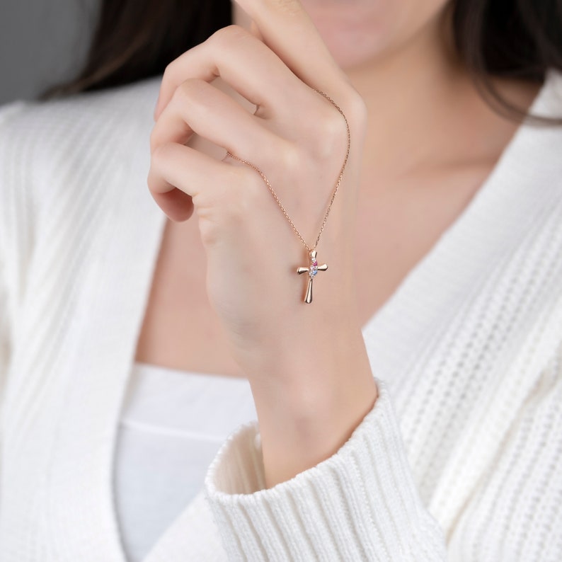 Custom Birthstone Cross Pendant, Dainty Cross Necklace, Sterling Silver Family Jewelry, Religious Necklace, Mother's Day Gift, Baptism Gift image 6