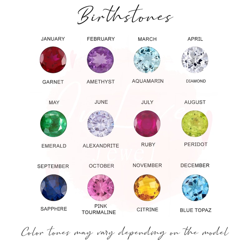 Peut inclure: Image pr&eacute;sentant les pierres de naissance pour chaque mois de l'ann&eacute;e. Chaque pierre pr&eacute;cieuse est nomm&eacute;e et associ&eacute;e &agrave; son mois. Les pierres incluent Grenat, Am&eacute;thyste, Aigue-marine, Diamant, &Eacute;meraude, Alexandrite, Rubis, P&eacute;ridot, Saphir, Tourmaline rose, Citrine et Topaze bleue.
