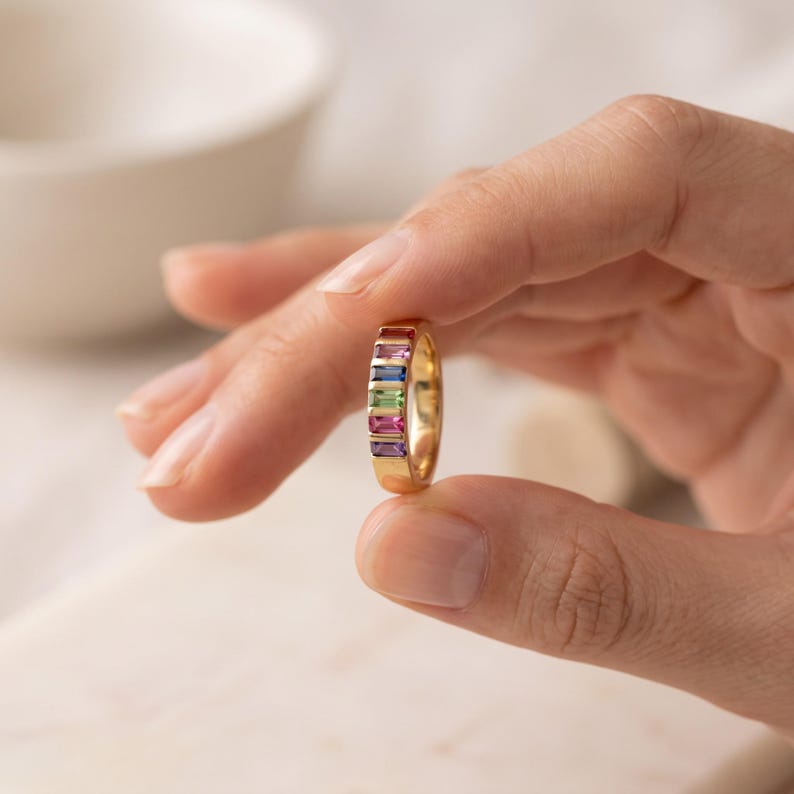 14k Gold Baguette Birthstone Mother Ring Gifts, 925k Silver Ring, Personalized Gift, Christmas Gift Her, Family Ring