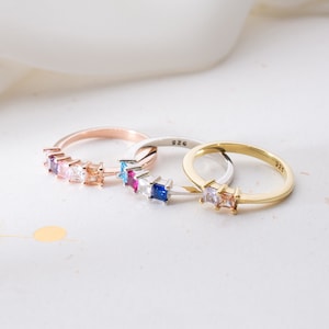 Sterling Silver Square Birthstone Ring, Personalized Family Jewelry