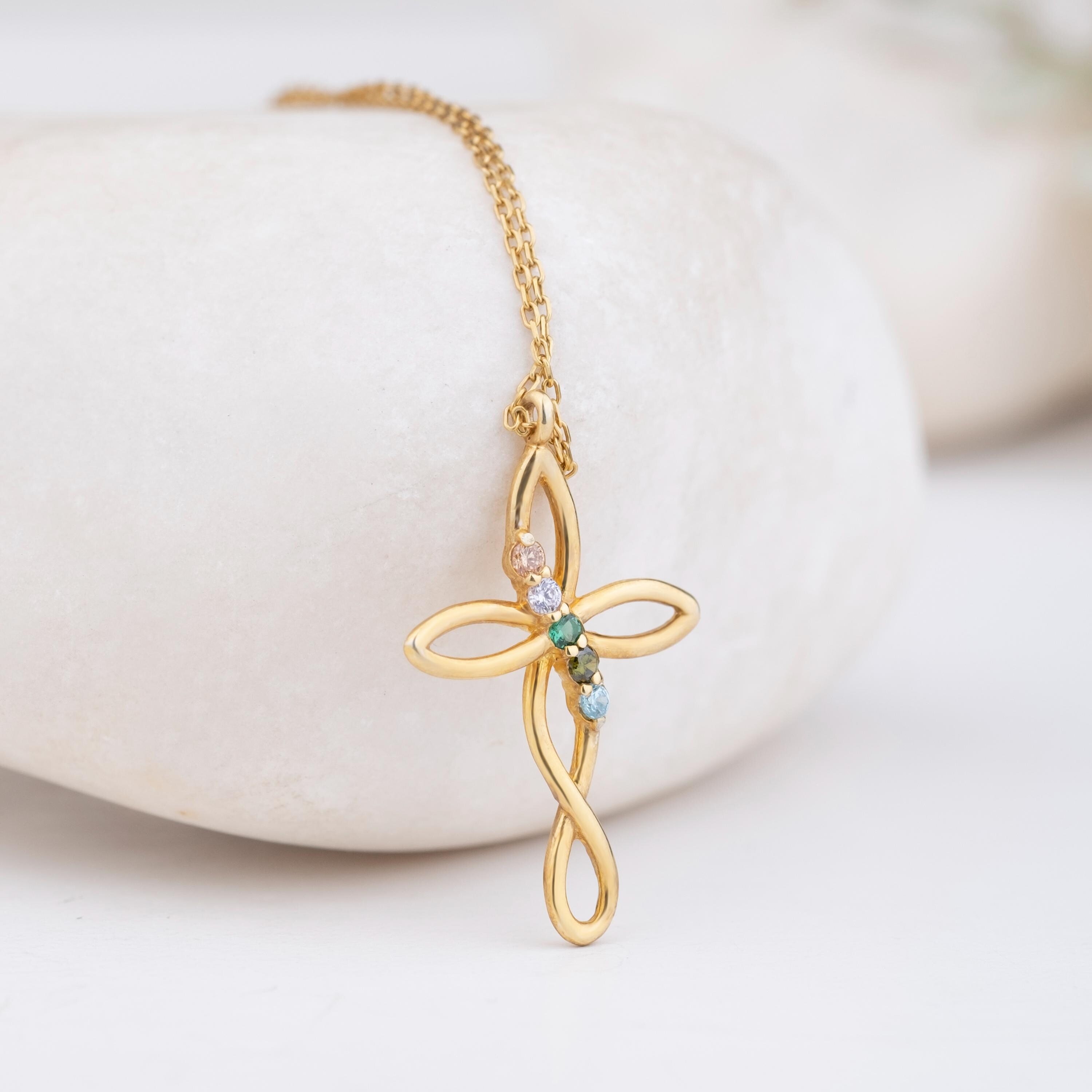 925K Silver Cross Birthstone Necklace, Dainty Necklace, Mother Family Pendant Gift, Christmas Gift, Personalized Gift, Mother's Day Gift