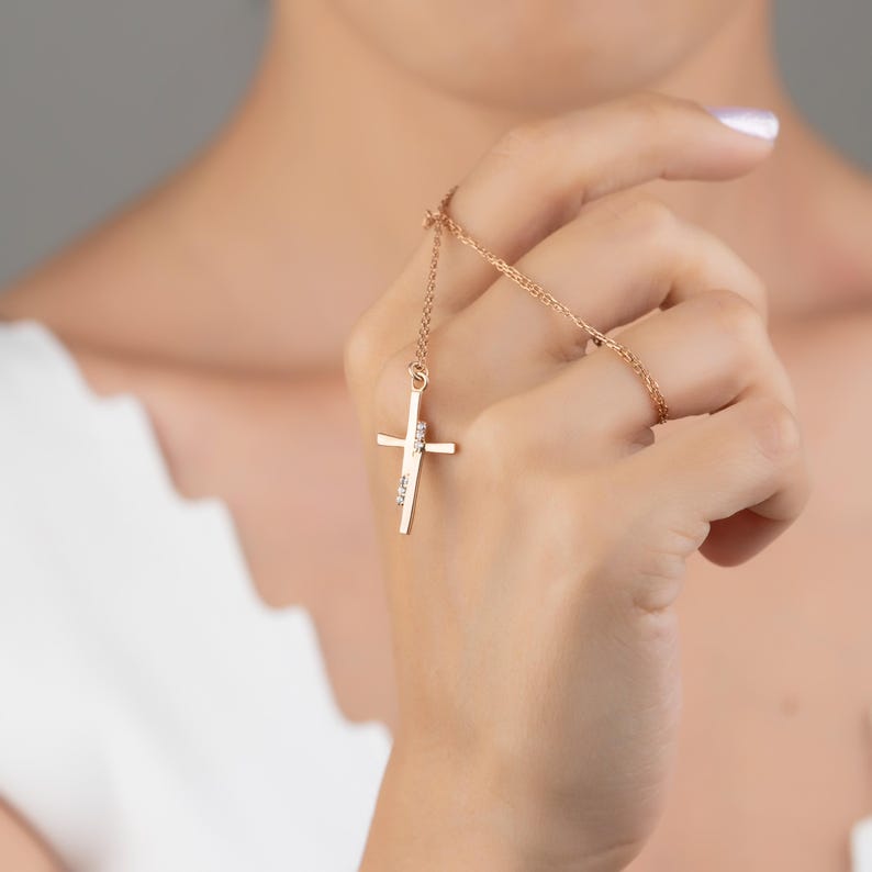 Custom Birthstone Cross Pendant, Dainty Cross Necklace, Sterling Silver