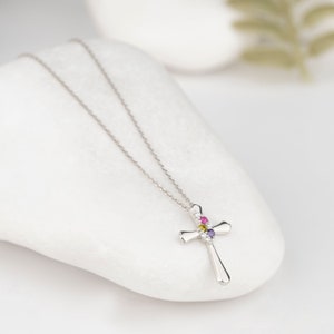 Custom Birthstone Cross Pendant, Dainty Cross Necklace, Sterling Silver Family Jewelry, Religious Necklace, Mother's Day Gift, Baptism Gift image 3
