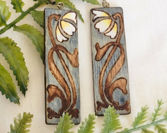 Hand Painted Pyrography Earrings - Indigo, White, and Tan Long Rectangle