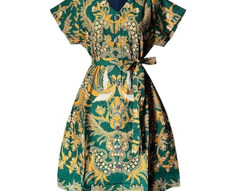 Handmade Batik V-Neck Dress – Indonesian Floral Cotton Dress with Belt