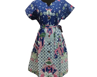 Vibrant Blue Batik Dress: Knee-Length Elegance for Modern Women
