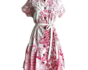 Handmade Batik Cotton Midi Dress – Peony Motif, Ruffle Hem