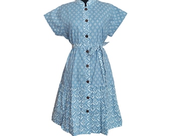 Handcrafted Blue Batik Dress with Classic Cheongsam Neckline