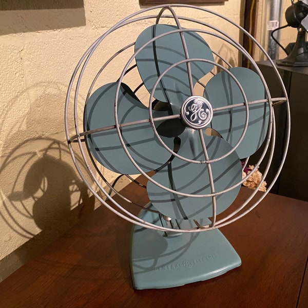 Vintage General Electric Metal Fan in Aqua and White