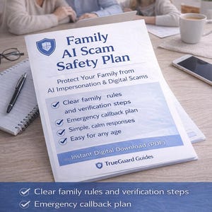May include: A document titled "Family AI Scam Safety Plan" with a blue and white design. The document lists clear family rules, emergency callback plans, and simple responses. The text "Protect Your Family from AI Impersonation & Digital Scams" is also visible.