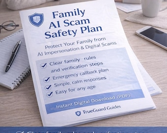 May include: A document titled "Family AI Scam Safety Plan" with a blue and white design. The document lists clear family rules, emergency callback plans, and simple responses. The text "Protect Your Family from AI Impersonation & Digital Scams" is also visible.